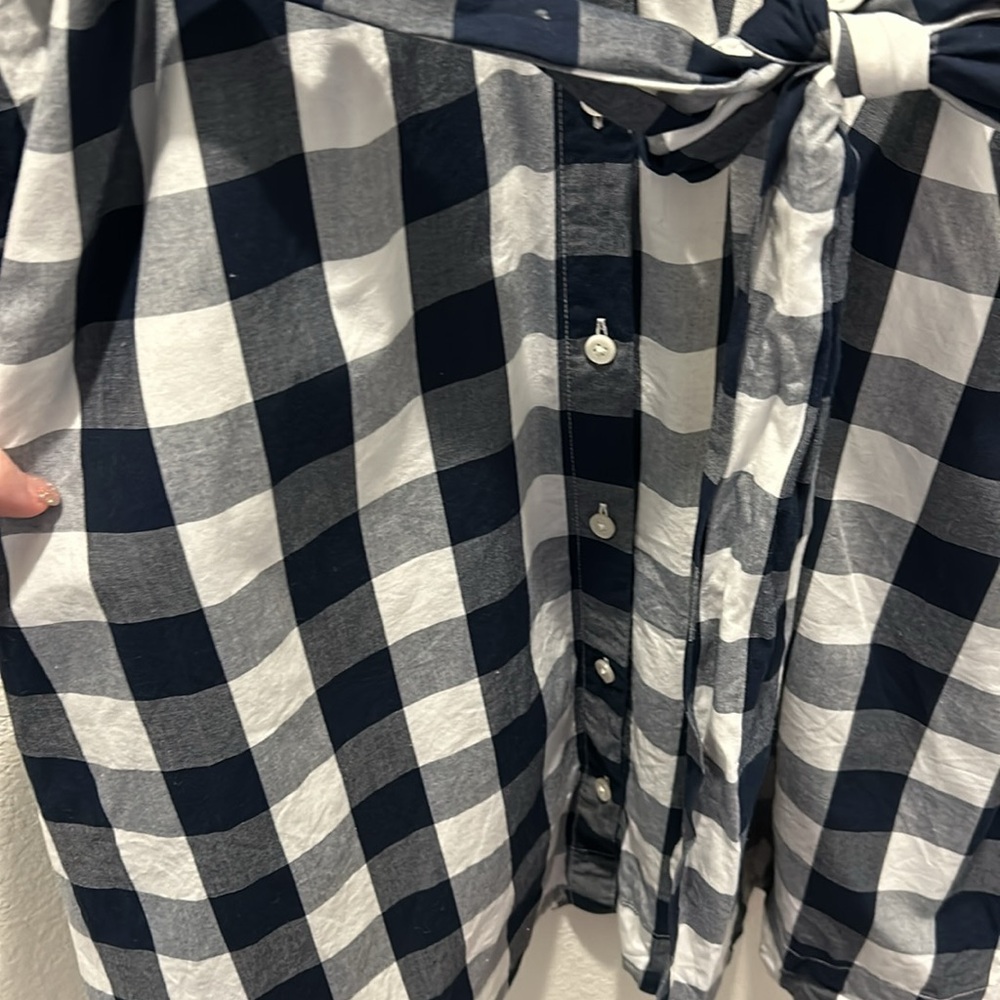 J. Crew Navy and White Buffalo Check Long Sleeve Shirt Dress with Waist Tie - Picture 5 of 8